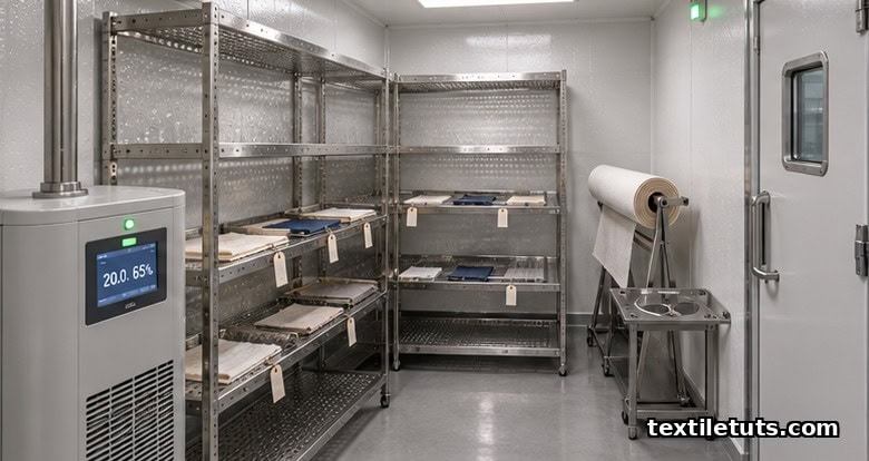 Interior of a textile conditioning chamber with controlled 20 degrees C and 65 percent RH, perforated shelving, and labeled fabric specimens.