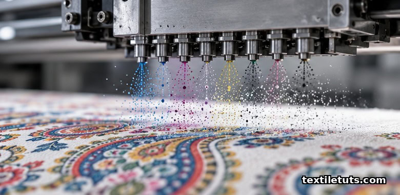 Macro close-up of a digital inkjet print head firing cyan, magenta, yellow, and black ink droplets onto white cotton fabric.