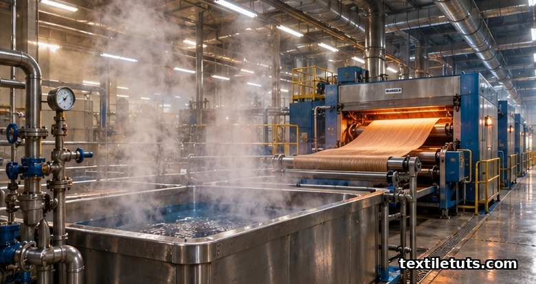 Interior of a wet-processing textile facility showing dye vats with steam and a stenter heat-setting frame with polyester fabric.