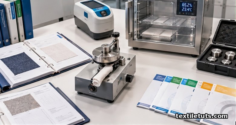 Overhead flat-lay of AATCC and ASTM standard binders, a crockmeter, spectrophotometer, and ISO reference pamphlets on a lab bench.