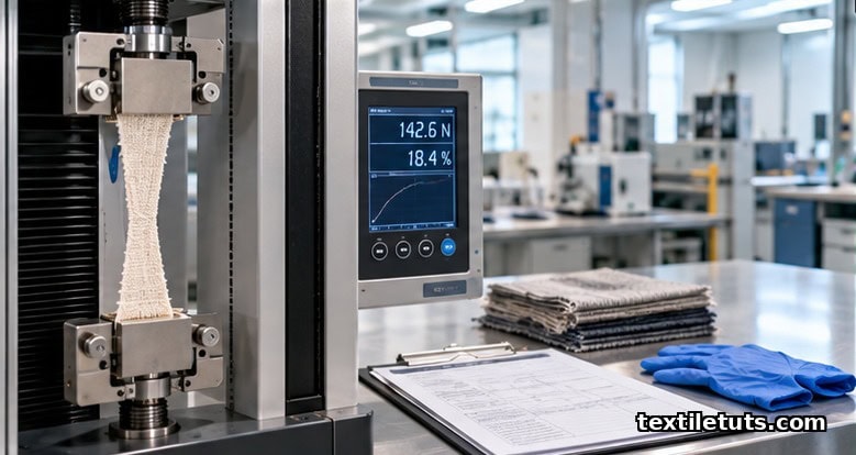 Close-up of an ASTM D5034 tensile test stretching a woven fabric specimen in a textile mill quality-control lab.