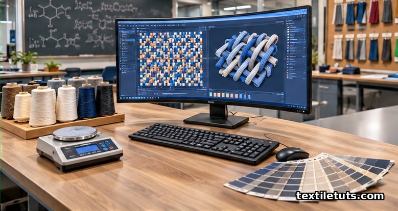 Textile CAD workstation showing a weave simulation, yarn cones, a GSM scale, and AATCC grayscale cards on a lab bench.
