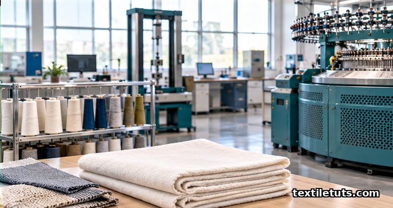 Textile engineering laboratory with yarn bobbins, circular knitting machine, folded cotton fabric samples, and tensile tester in soft daylight.
