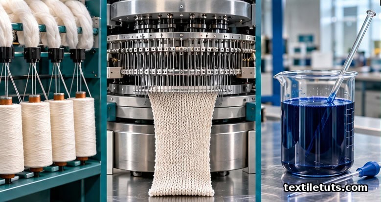 Ring-spinning frame with cotton rovings, circular knitting machine cylinder, and laboratory dye vessel on a brushed metal surface.