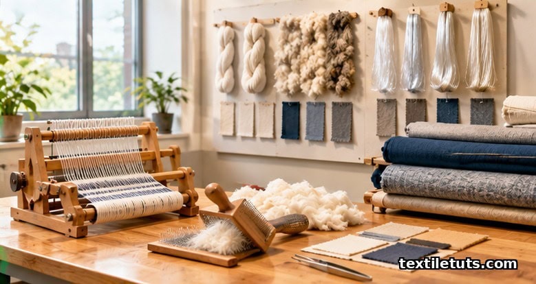 Featured overview scene of a textile-engineering learning room showing cotton, wool, and filament samples, fabric bolts, and a tabletop loom.