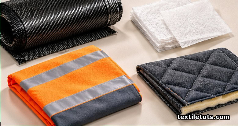 Technical textile flat-lay showing carbon fiber composite, white medical wound dressing, orange safety fabric, and automotive upholstery.