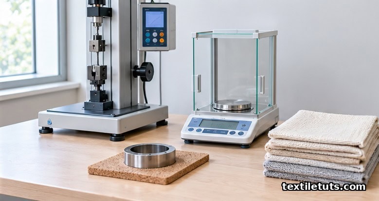 Textile engineering lab workbench with tensile tester, analytical balance, GSM cutting die, and folded cotton fabric swatches.