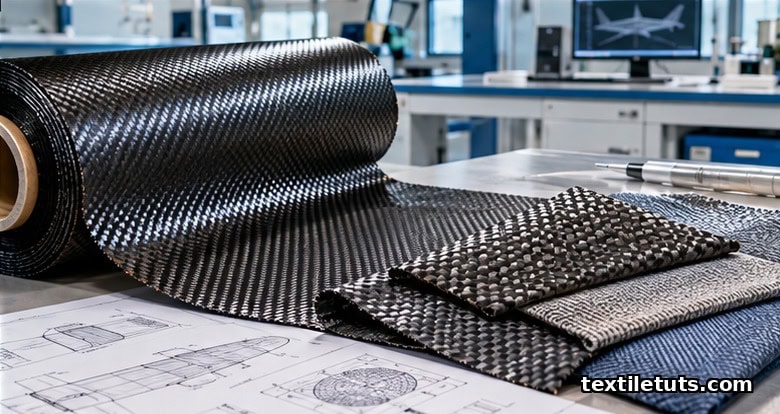 Carbon-fiber composite prepreg fabric unspooling on a laboratory bench under cool lighting, representing aerospace textile engineering.
