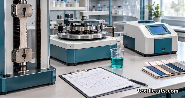 Laboratory workbench with benchtop tensile tester, Martindale abrasion tester, spectrophotometer, dye beaker, and printed control chart.