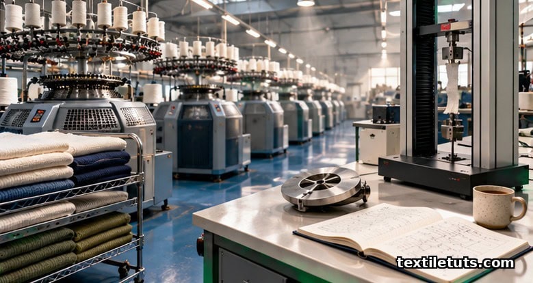 Circular knitting machines producing jersey fabric with a tensile-strength tester and GSM cutter on a lab bench in a knit composite factory.