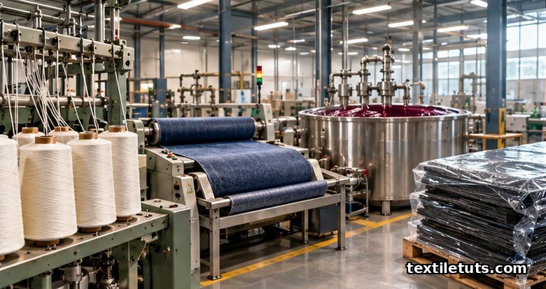 Four textile engineering subspecialty stations side by side: yarn cones, denim roll, dyeing vat, and composite prepreg sheets.