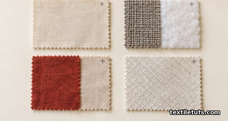 Flat-lay of four textile swatches representing process, material, dye, and antibacterial thesis topics on a cream backdrop.