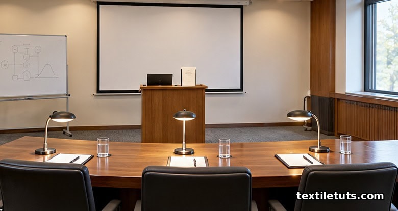 Empty university seminar room with lectern, projection screen, and a panel of three examiner chairs prepared for a viva voce.