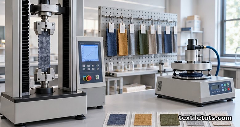 Textile lab with digital tensile-testing machine gripping a woven fabric specimen and an air-permeability tester on a workbench.