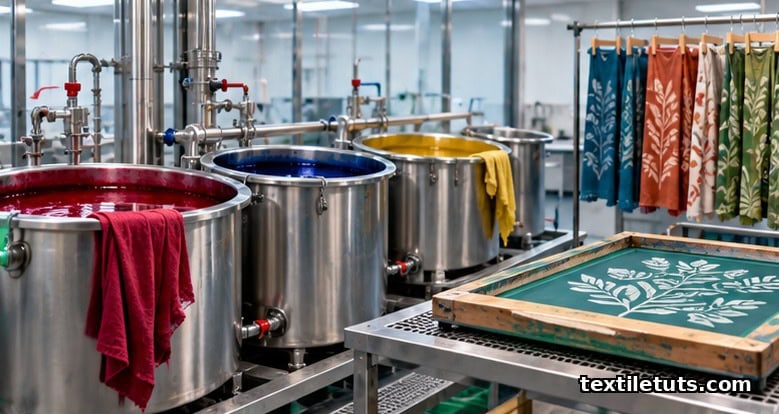 Three stainless-steel dye-bath vessels with red, indigo, and mustard liquor beside a botanical screen-printing frame in a wet-processing lab.