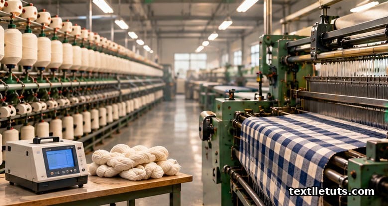 Rows of ring-spinning frames with cotton cops beside a tabletop loom weaving a navy-and-cream check in a textile training mill.