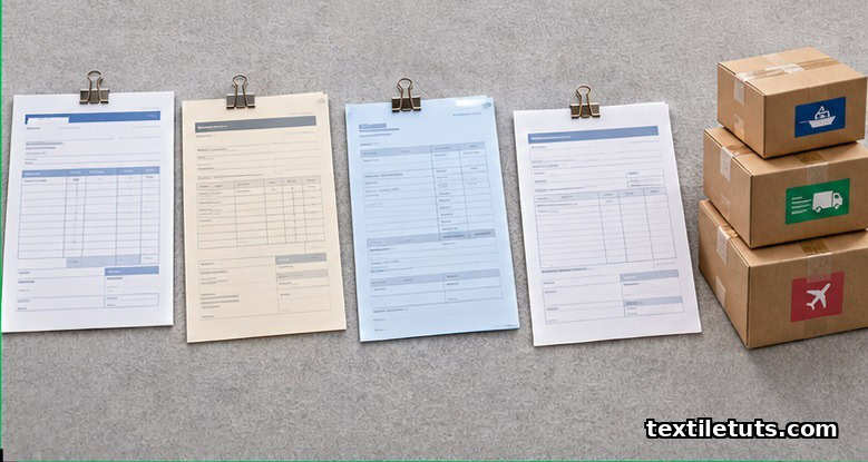 Editorial arrangement of T/T, L/C at sight, usance, and D/P payment documents beside miniature woven shipping carton samples.