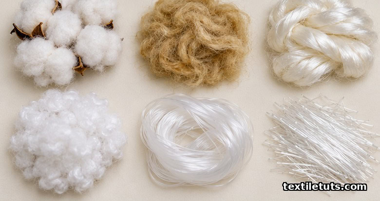 Flat lay of different textile fibers including cotton, wool, silk, polyester, nylon, and glass filaments showing fiber variety.