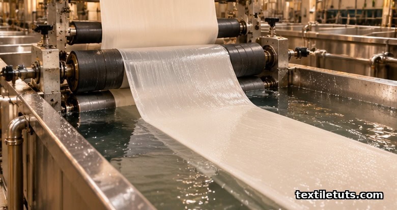 Cotton fabric passing through a stainless steel chemical finishing bath and rubber squeeze rollers during textile wet processing.