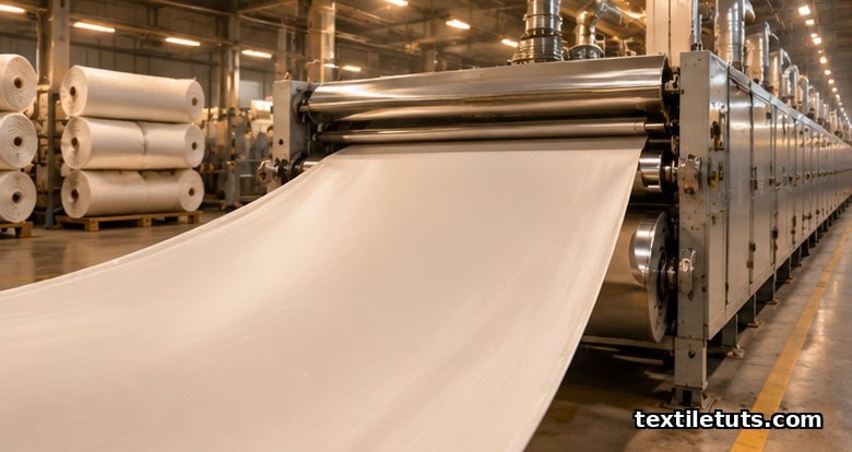 Finished creamy-white cotton fabric emerging smoothly from a stenter frame inside an industrial textile finishing mill, illustrating fabric treatments.