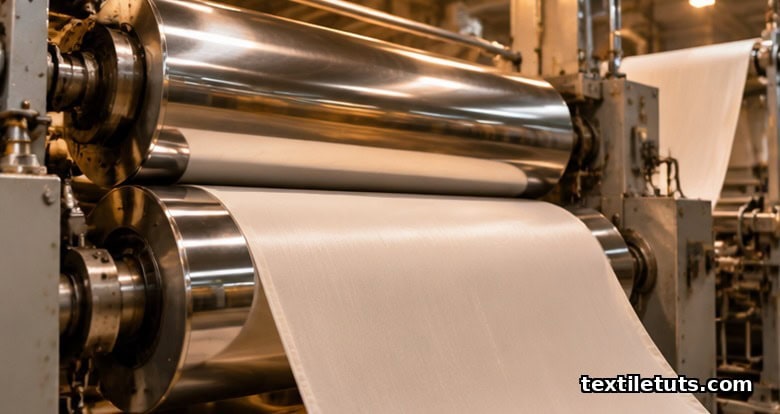 Polished chrome calender rollers pressing a sheet of cotton fabric to create a smooth, lustrous surface during mechanical textile finishing.
