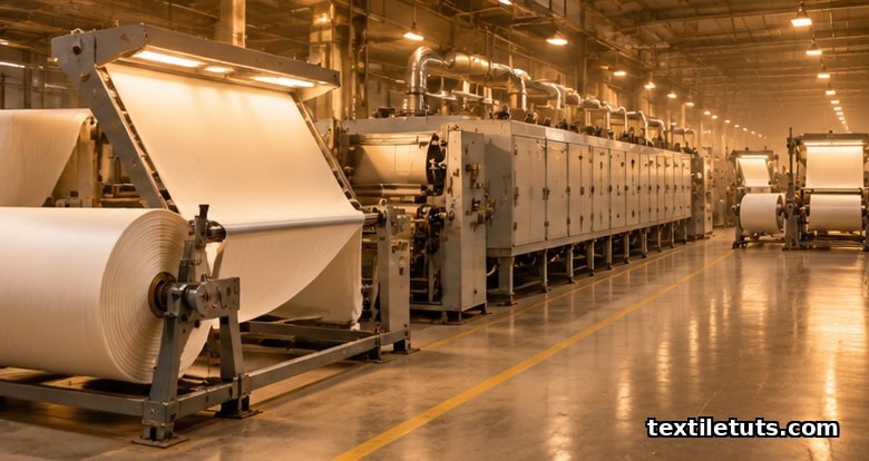 Panoramic view down a textile finishing production hall showing sequential stenter, calender, and inspection stations along one continuous line.