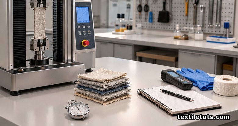 Textile testing bench with tensile tester, fabric specimens, notebook, and lab tools for thesis planning.