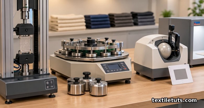 Close-up of cornerstone textile testing instruments: universal tensile tester, Martindale abrasion tester, and sphere spectrophotometer on a bench.