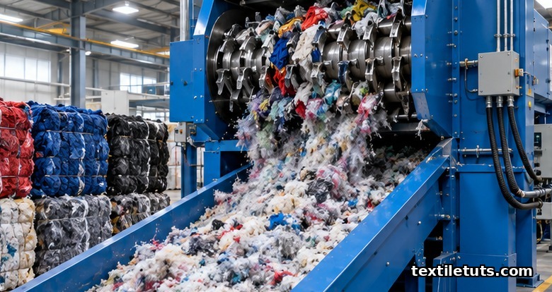 Industrial textile shredding machine tearing cotton scraps into loose fiber tufts cascading onto a vibrating conveyor.