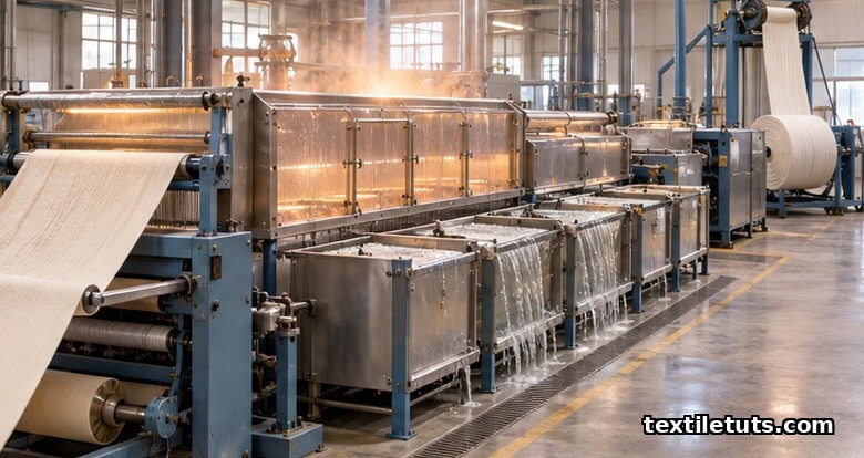 Industrial textile wet-processing range with cotton fabric passing through a pad-steam chamber and cascade hot wash boxes.