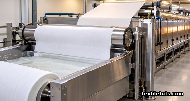 Industrial pad-dry-cure finishing line with white cotton fabric passing through a resin bath, squeeze rolls, and a horizontal stenter frame.