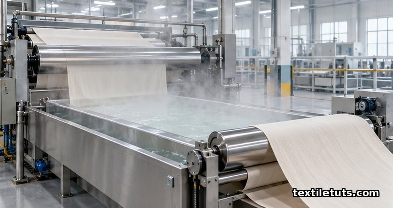 Industrial continuous padding machine applying chemical finish to a roll of pale cotton fabric on a textile finishing line.