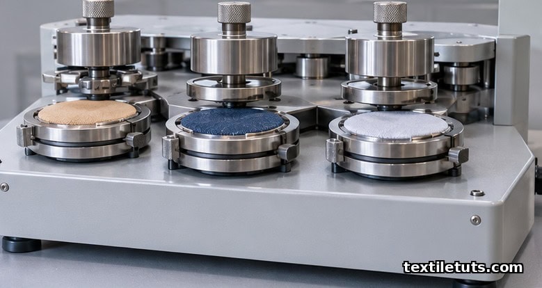 Martindale pilling and abrasion tester with circular fabric specimen discs mounted under weighted rubbing heads.