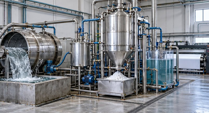 Closed-loop textile printing wastewater treatment with wash drum, dye recovery evaporator, and treated water return.