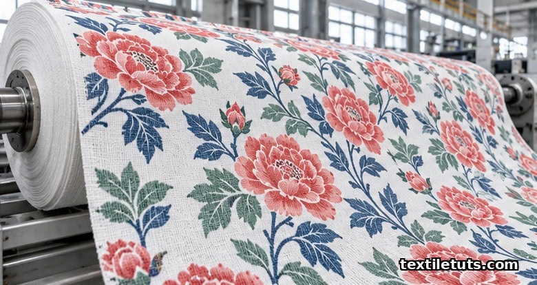 White cotton fabric unrolling from a roll with a vibrant coral peony and indigo botanical print emerging on the surface in a textile mill.
