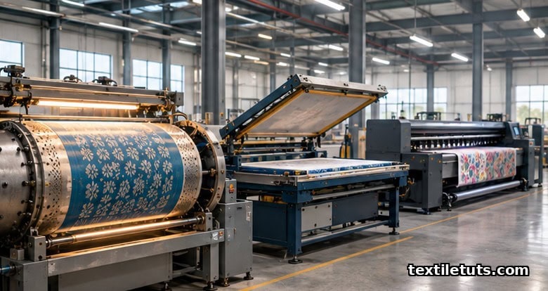 Three textile printing machines — rotary screen, flatbed screen, and digital inkjet — arranged in a row inside an industrial print shop.