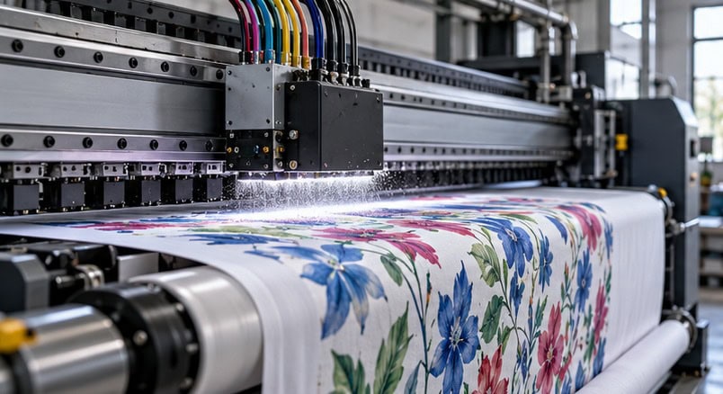Industrial digital textile printer in mid-printing operation, print head passing over a wide roll of white polyester fabric, fine ink droplets visible.