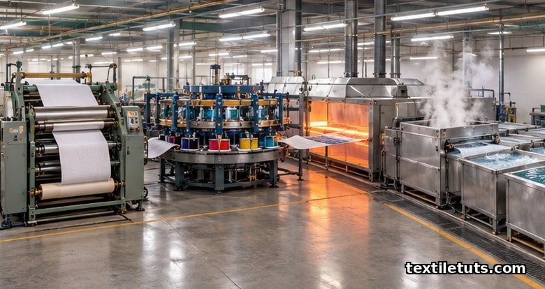 Side view of a continuous textile printing production line, with fabric web moving through padding, printing, drying, steaming, and washing stages.