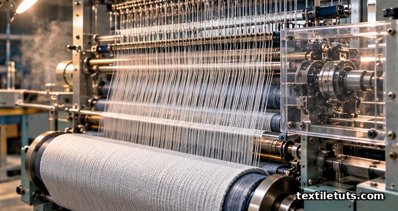 Close-up of an industrial weaving machine with vertical warp yarns, heddle frames, and woven fabric rolling onto a take-up roll.