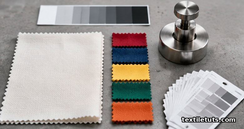 Overhead flat-lay of a textile QC desk with fabric swatch, gray-scale chips, multifiber strip, cutting die, and AQL sampling cards.
