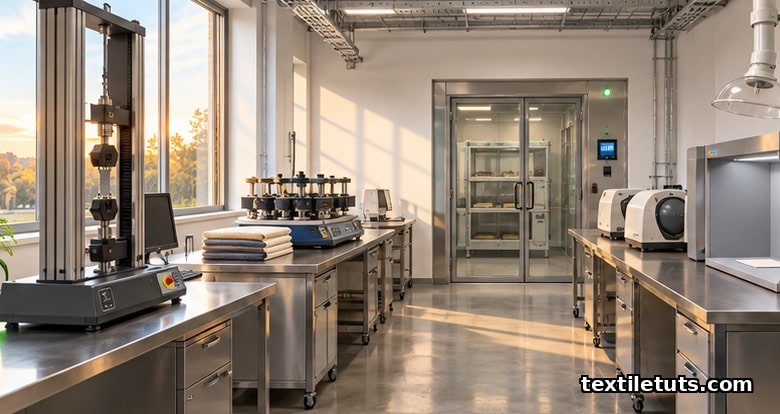 Wide editorial view of a textile quality laboratory with three lab benches holding a tensile tester, Martindale abrasion tester, and spectrophotometer.
