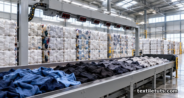 Textile recycling facility interior with stacked fabric bales, conveyor sorting line, and NIR sensor array under industrial daylight.