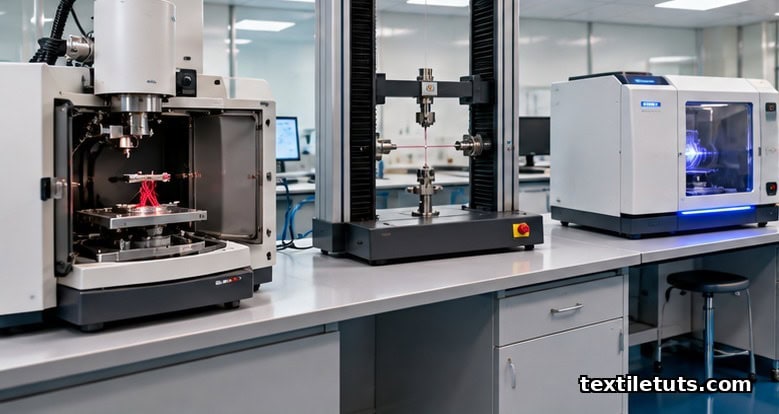 Wide view of a textile characterization lab with a scanning electron microscope, a universal tensile testing machine, and an X-ray diffractometer.