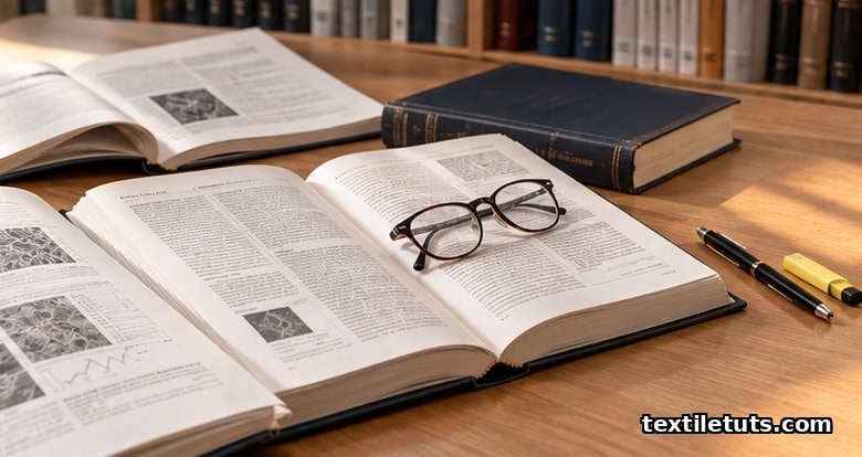 Open textile research journals and reference book on a scholarly desk for finding a literature gap.