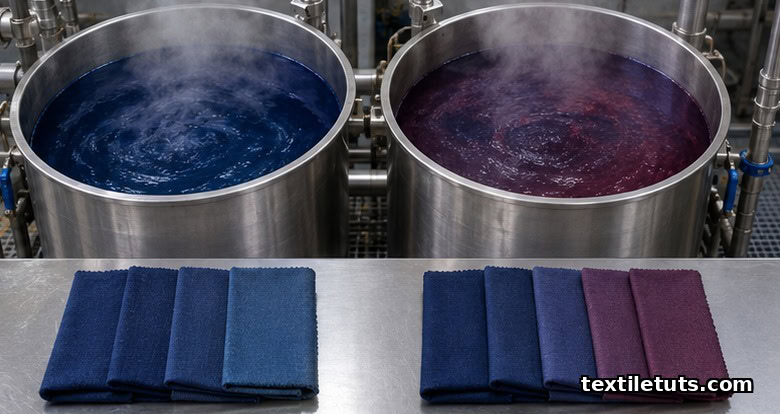 Two dye bath vessels showing contrasting reactive dye liquor shades with finished fabric samples below for comparison.