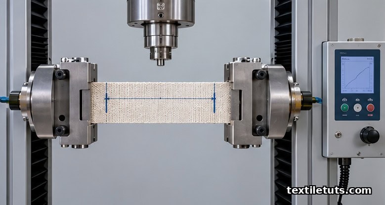 CRE tensile testing machine gripping a woven cotton strip between steel pneumatic jaws for an ASTM D5034 grab test.