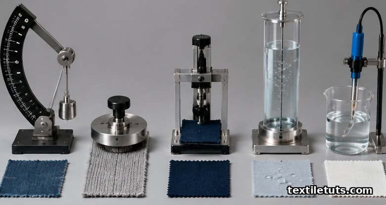 Studio lineup of five fabric swatches with Elmendorf, Martindale, crockmeter, hydrostatic head, and pH testing tools.