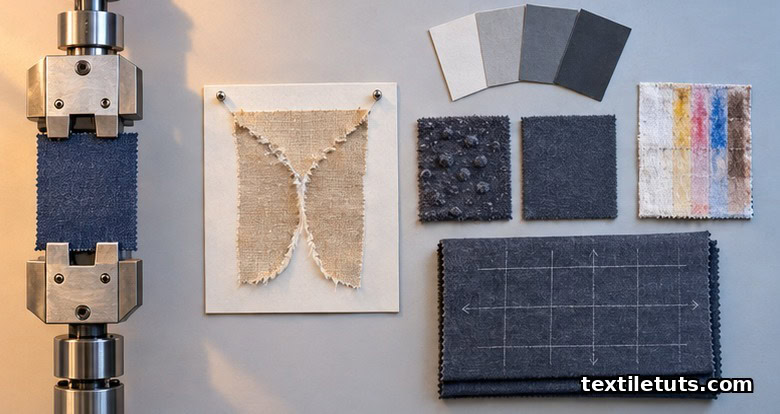 Flat-lay of five textile test categories: tensile rig, tear swatch, pilling specimen, gray scales and shrinkage grid.