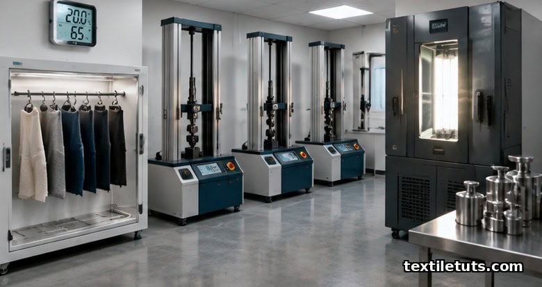 Textile testing lab conditioning room with hygrometer, specimen racks, tensile machines, and xenon-arc light-fastness chamber.