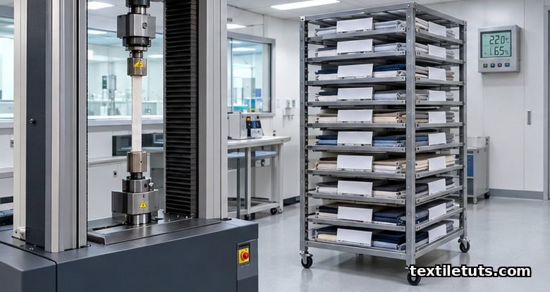 Textile testing lab conditioning room with universal tensile machine, specimen racks, and humidity display.